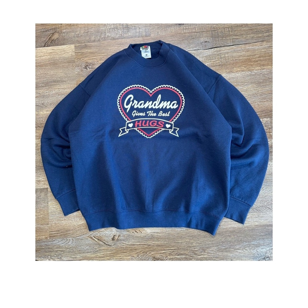 Vintage 90s Fruit of the Loom Grandma Gives Best Hugs Navy Crewneck Sweatshirt L